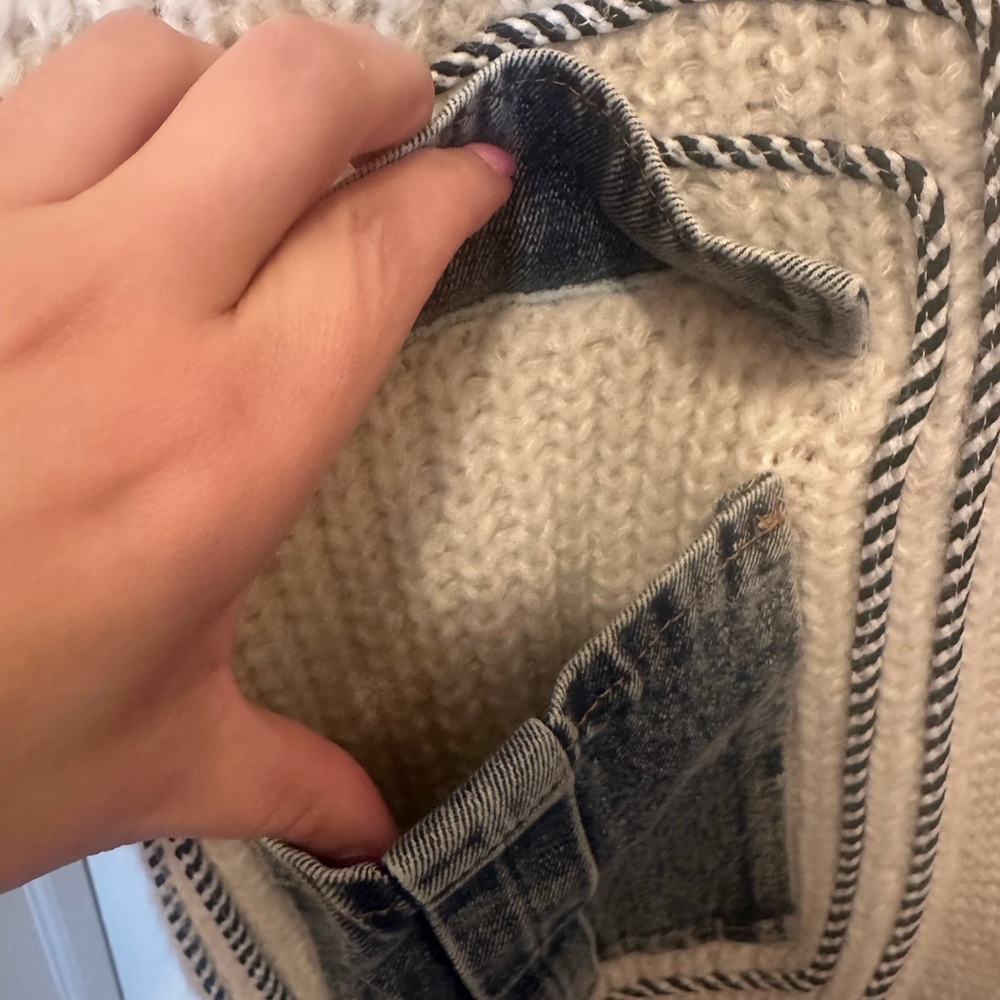 Cozy Cream Cardigan with Denim Accents - Picture 2 of 8